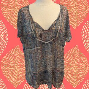 Indigo Collection Short Sleeve Sheer Pattern Blouse, L